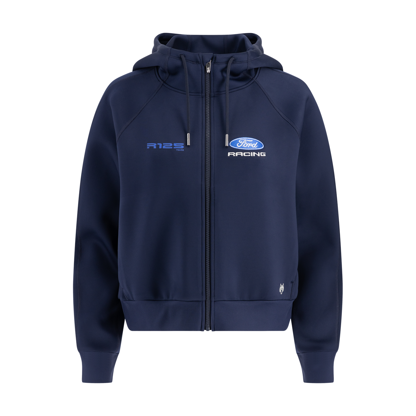 navy blue zip up hoodie with ford racing logos